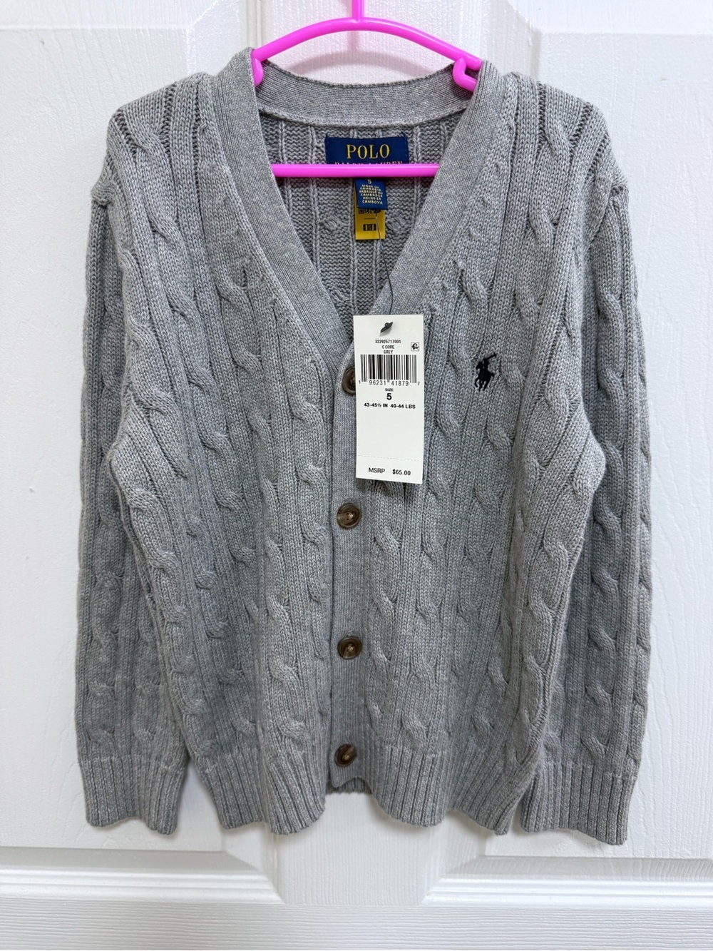 NWT Polo by Ralph Lauren Light Gray Cable-Knit V-Neck Cardigan Size 5